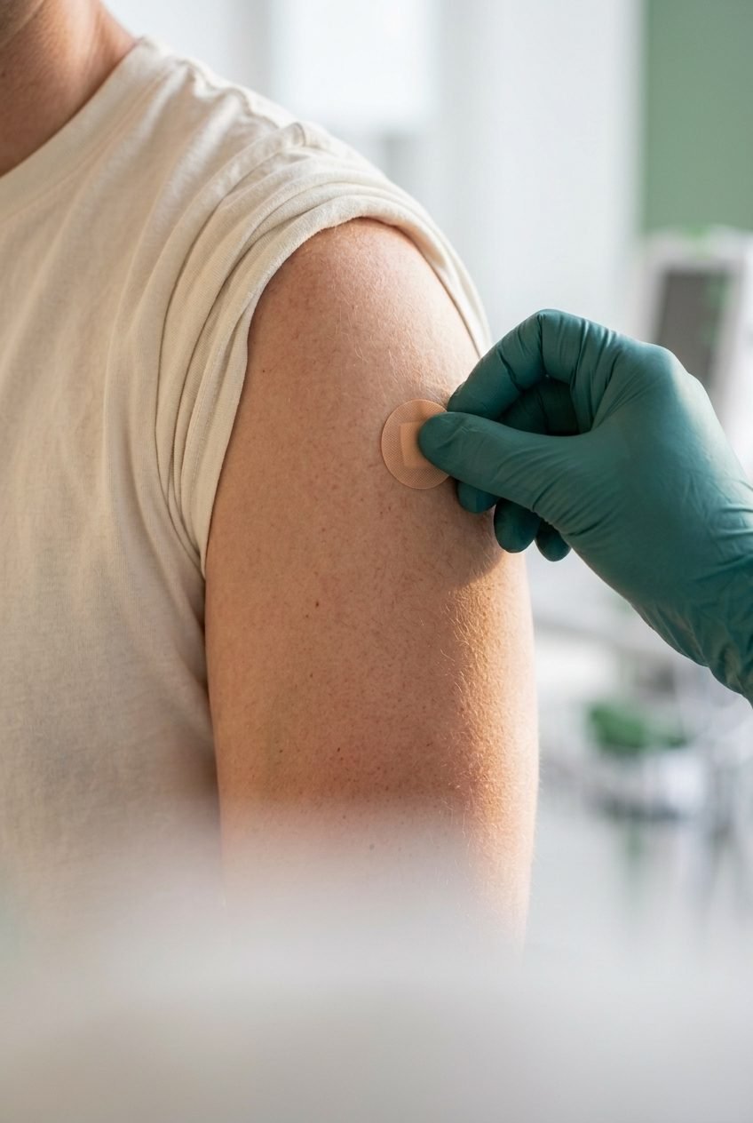 Brazo de un paciente al que una persona con guantes verdes le coloca un curita después de vacunarlo