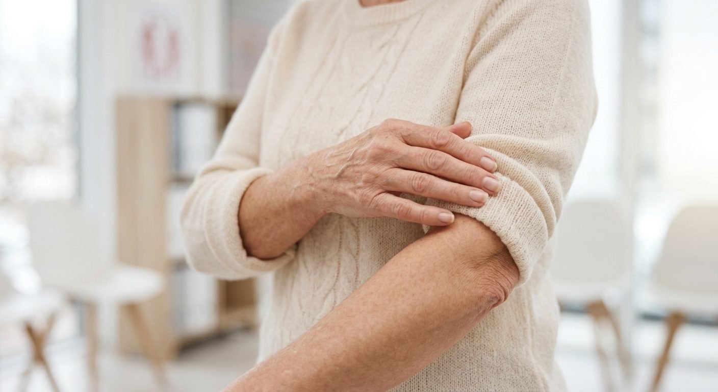 Persona mayor con suéter crema tocándose el brazo después de vacunarse, en una sala de espera luminosa